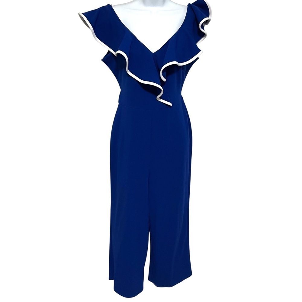 Bebe Blue Ruffle Trim Jumpsuit Size Small Formal Business Pants Suit Tie Front